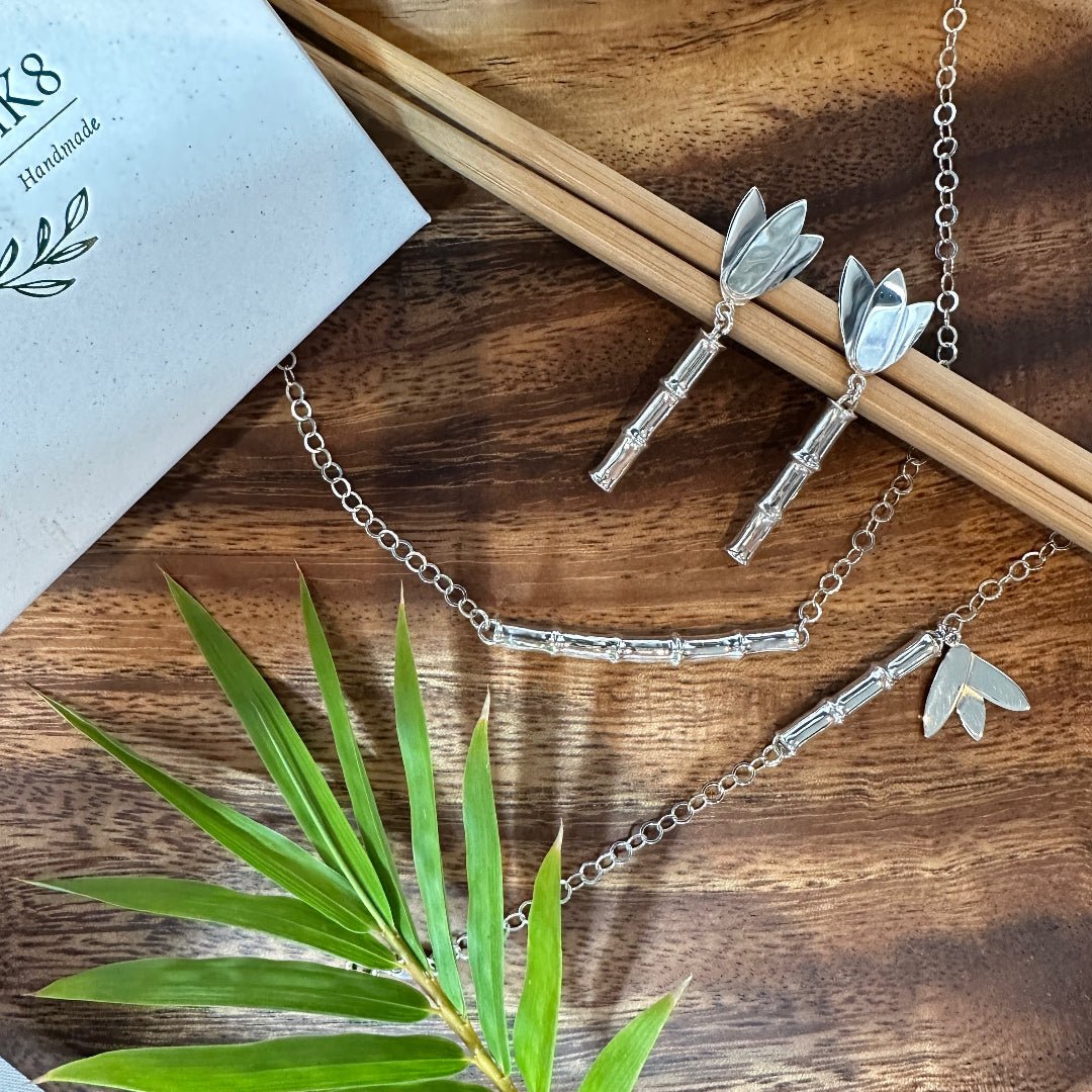 Bamboo ~ Sterling Silver Bracelet with Leaf Charm (Polished) -
