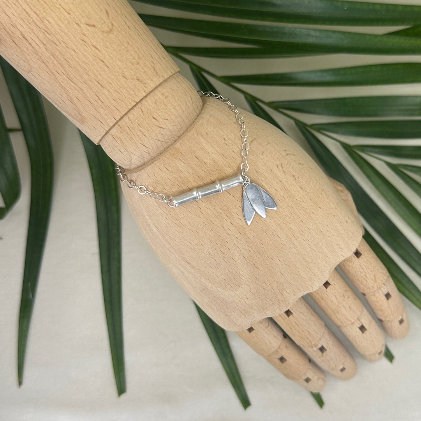Bamboo ~ Sterling Silver Bracelet with Leaf Charm (Satin) -