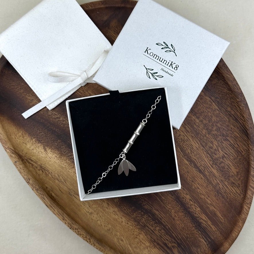 Bamboo ~ Sterling Silver Bracelet with Leaf Charm (Satin) -