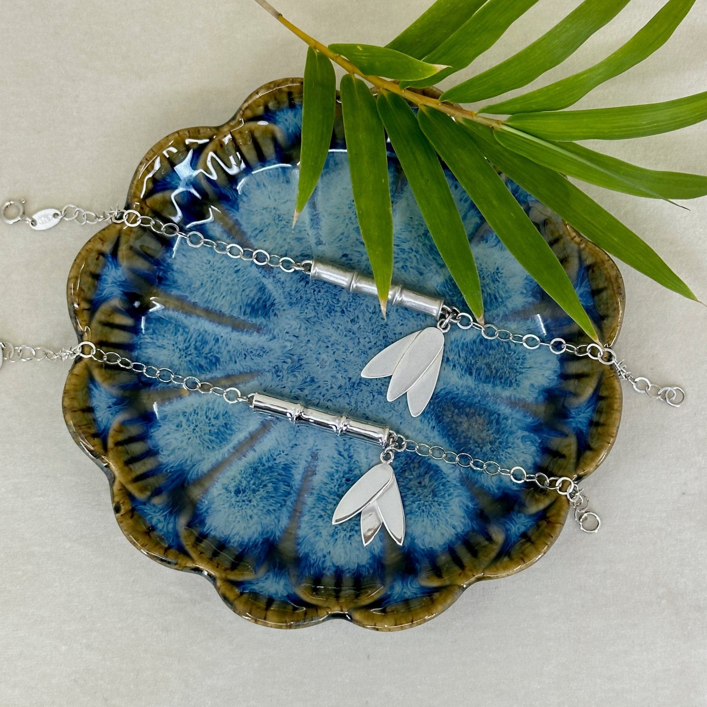Bamboo ~ Sterling Silver Bracelet with Leaf Charm (Satin) -