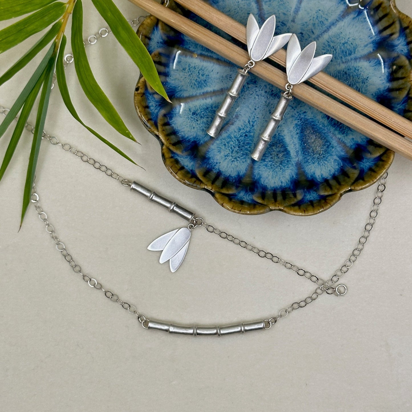 Bamboo ~ Sterling Silver Bracelet with Leaf Charm (Satin) -