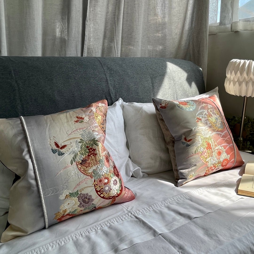 Silk handmade cushions. Soft feminine colours. Pink and violet silk cushions.