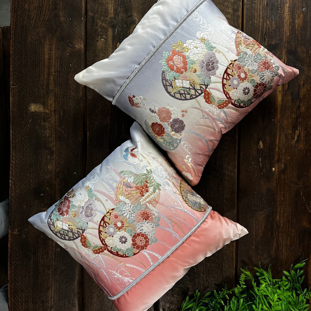 Pair of handcrafted cushions sustainably made from reclaimed silk Obi. Pink to violet ombre with metallic gold threads.