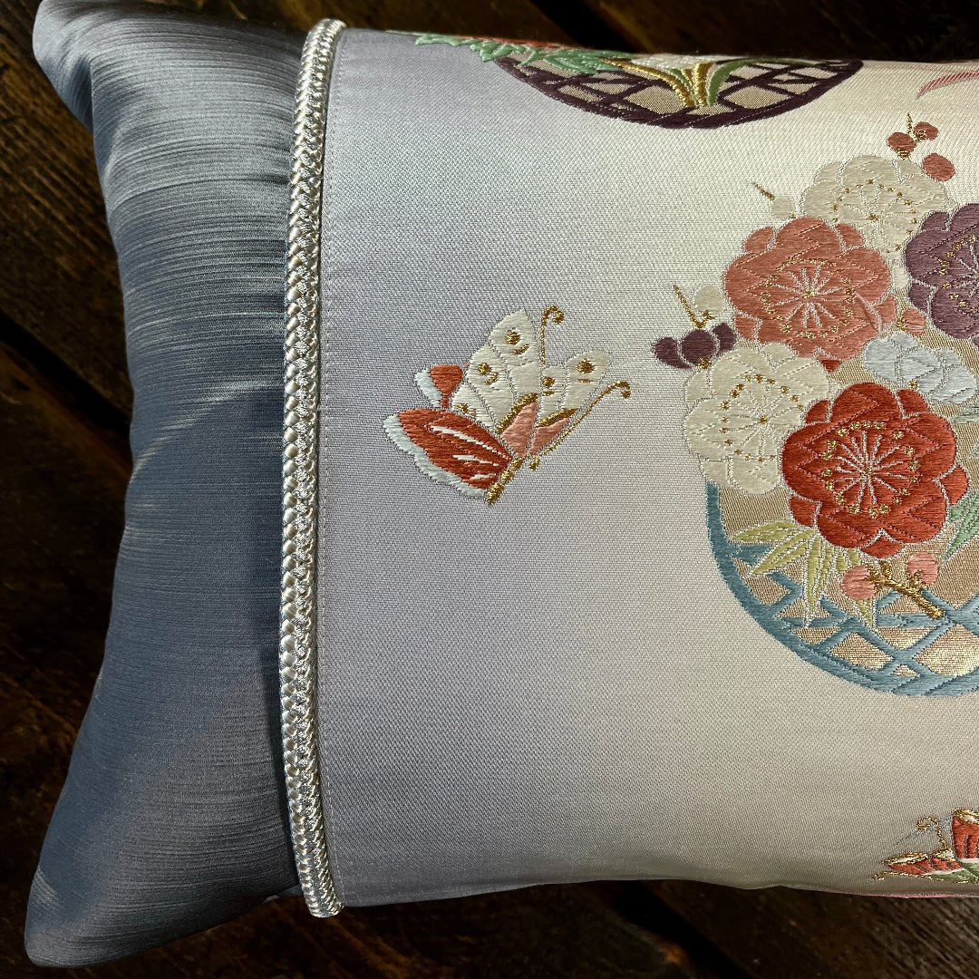 Butterflies & Flowers ~ Single Silk Obi Bolster Cushion -