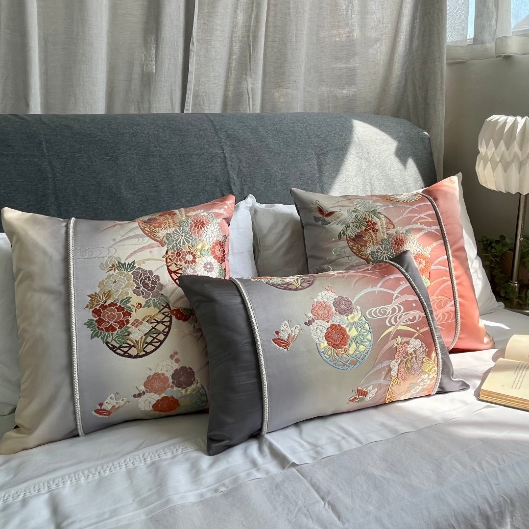 Butterflies & Flowers ~ Single Silk Obi Bolster Cushion -