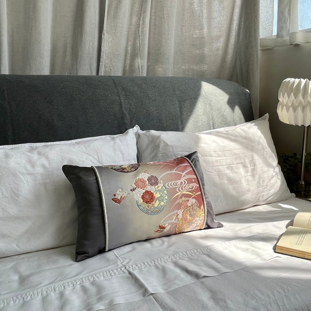 Butterflies & Flowers ~ Single Silk Obi Bolster Cushion -
