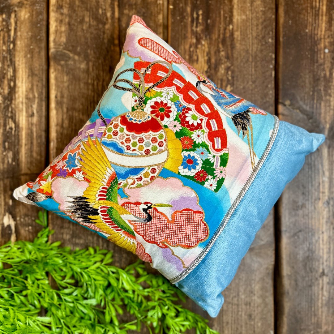 Cranes & Fans ~ Silk Kimono Square Cushion -