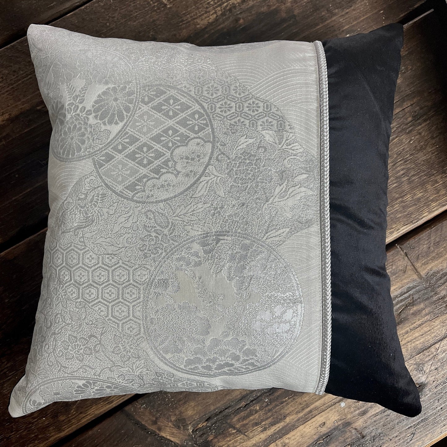 Flying Phoenix ~ Pair of Silk Obi Cushions (Black) -