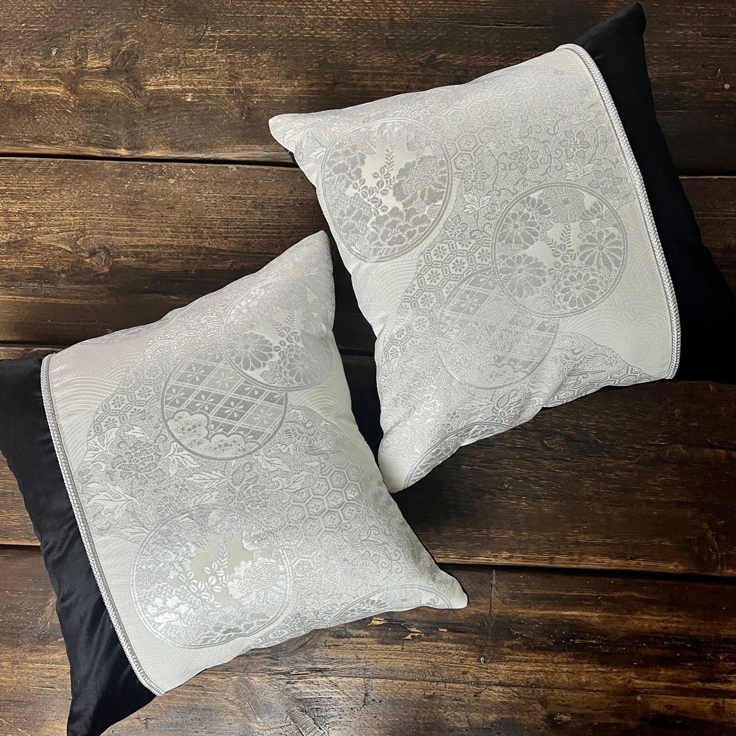 Flying Phoenix ~ Pair of Silk Obi Cushions (Black) -