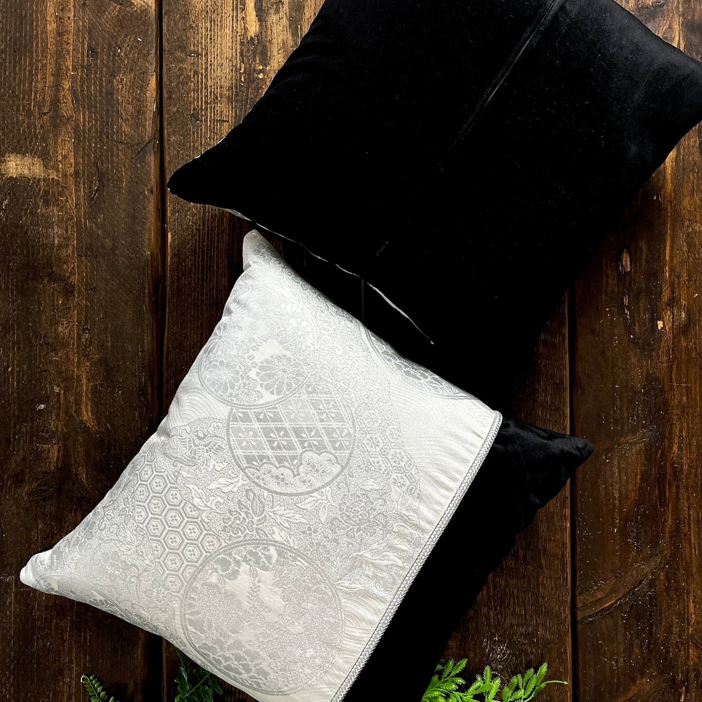Flying Phoenix ~ Pair of Silk Obi Cushions (Black) -