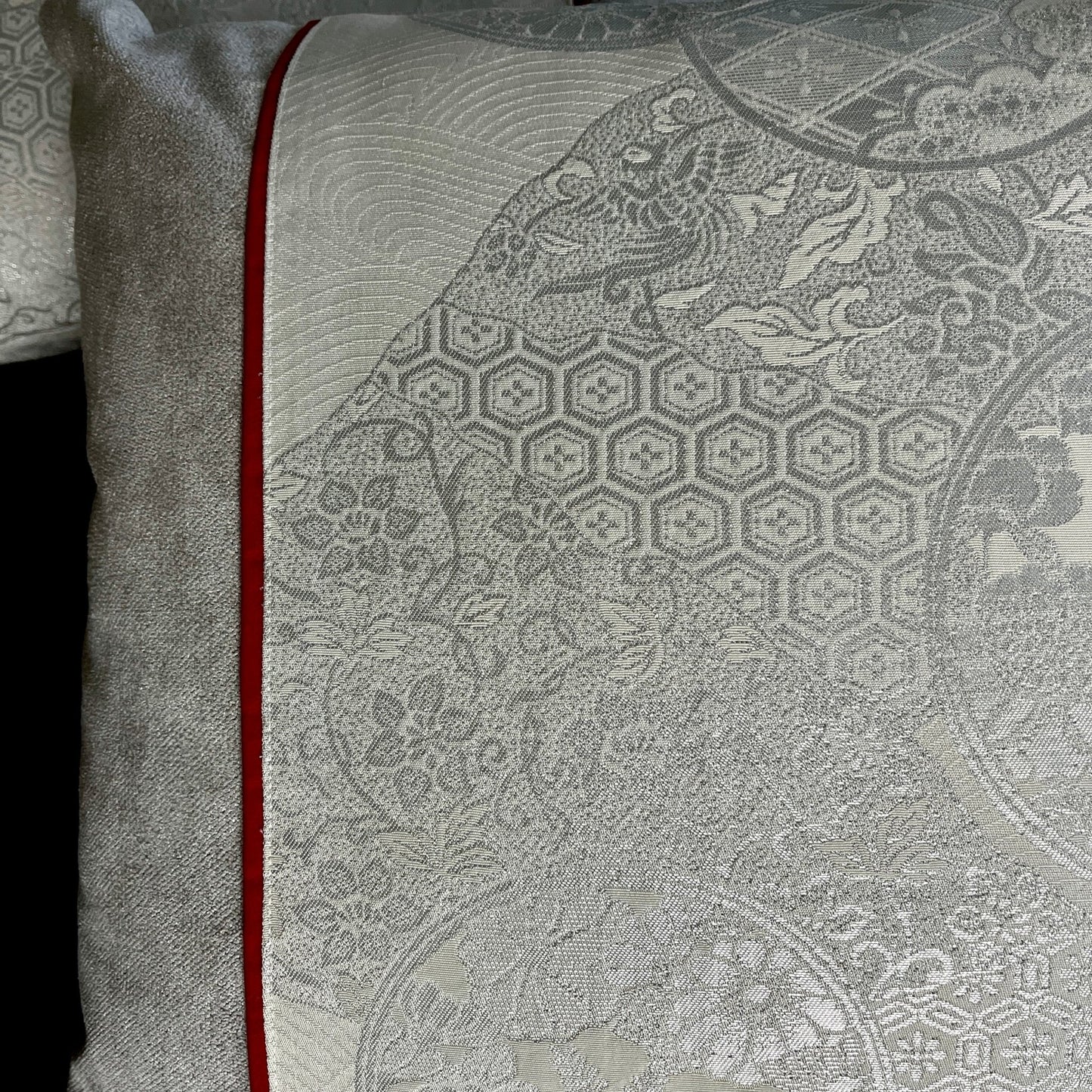 Flying Phoenix ~ Pair of Silk Obi Cushions (Silver) -