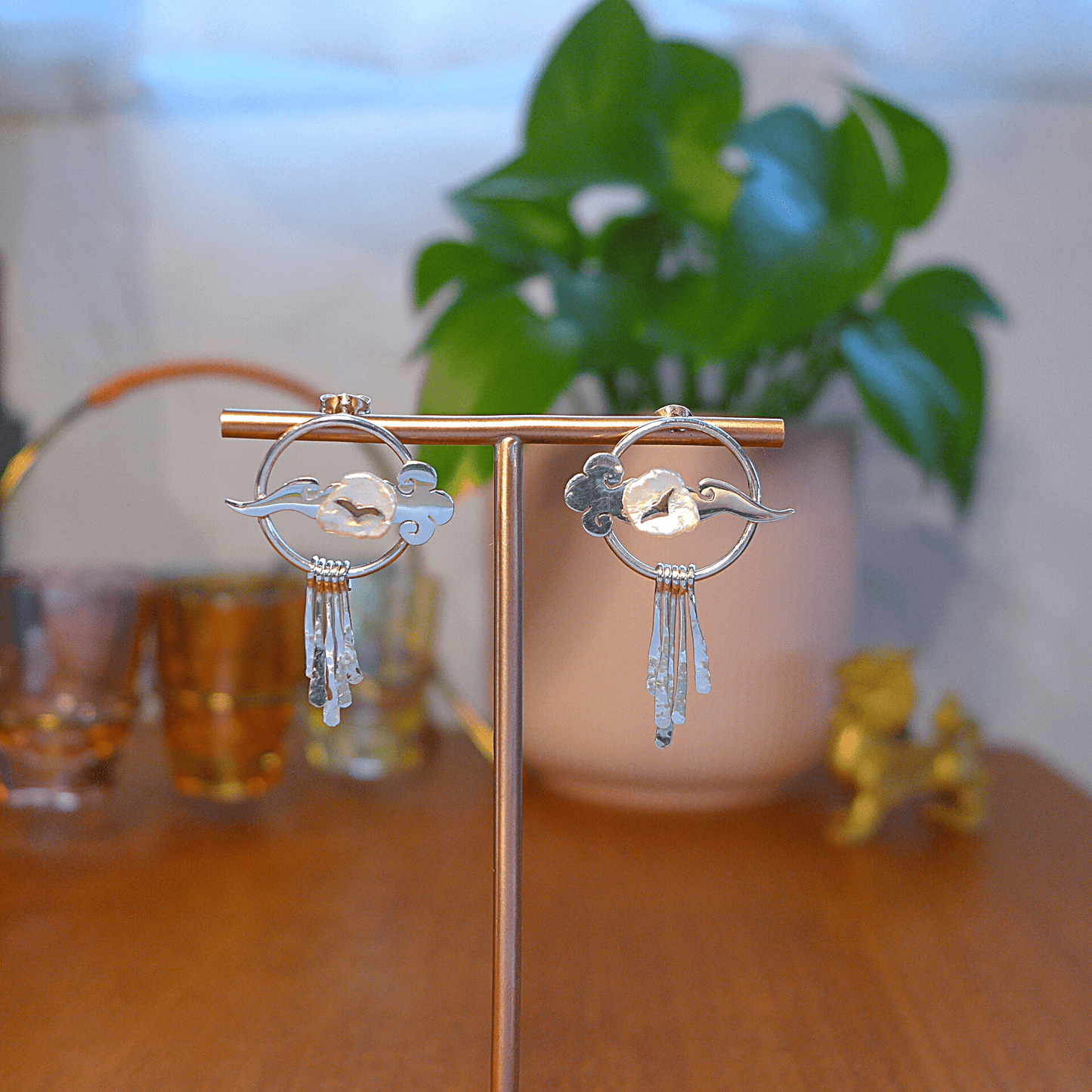 Lucky Cloud ~ Sterling Silver Stud Earrings with Raindrops -