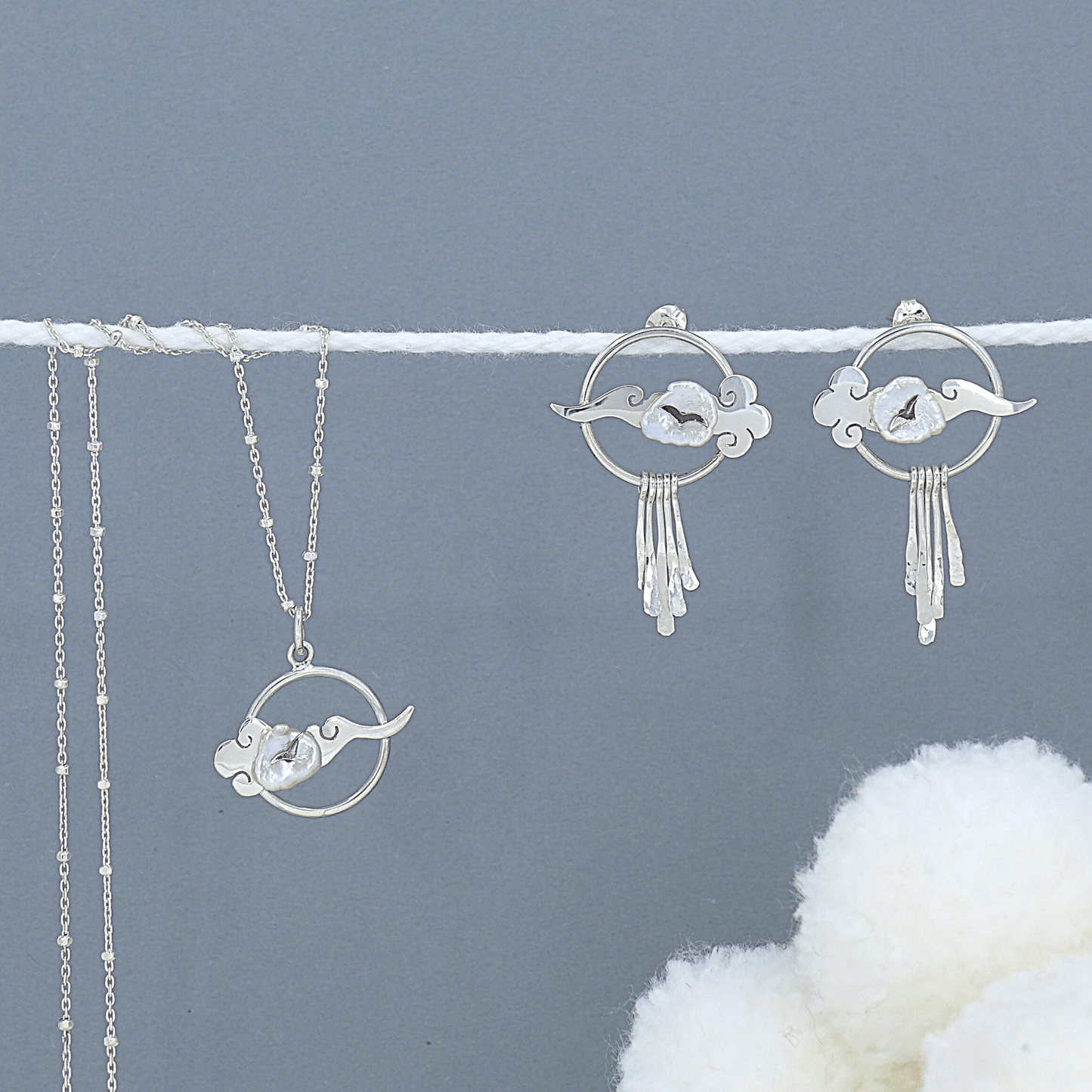 Lucky Cloud ~ Sterling Silver Stud Earrings with Raindrops -