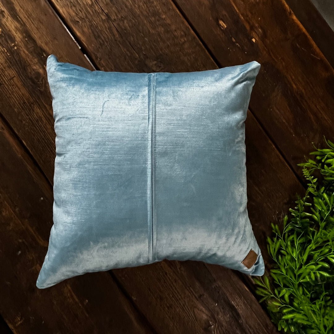 Back view of cushion with baby blue velvet