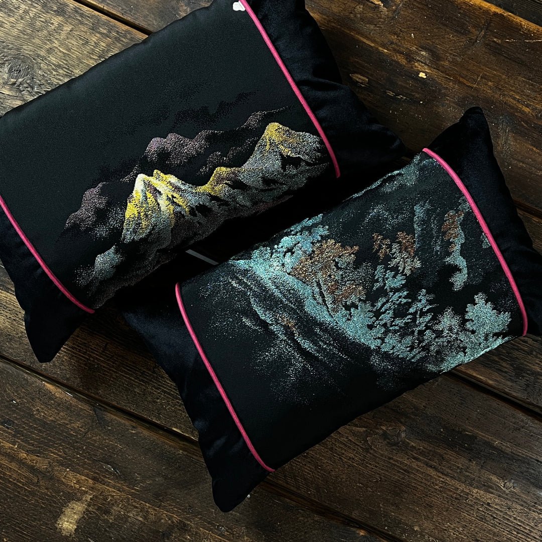 Mountains & Trees ~ Pair of Silk Kimono Cushions (Gold & Teal) -