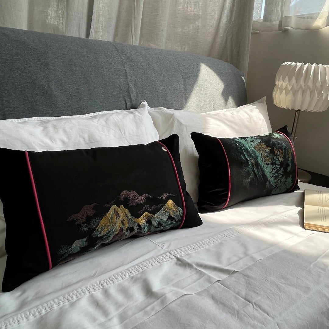 Mountains & Trees ~ Pair of Silk Kimono Cushions (Gold & Teal) -