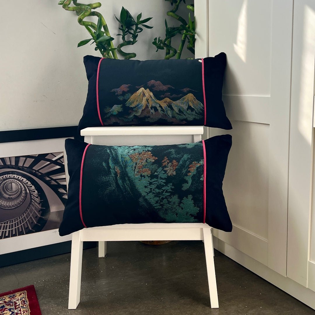 Mountains & Trees ~ Pair of Silk Kimono Cushions (Gold & Teal) -
