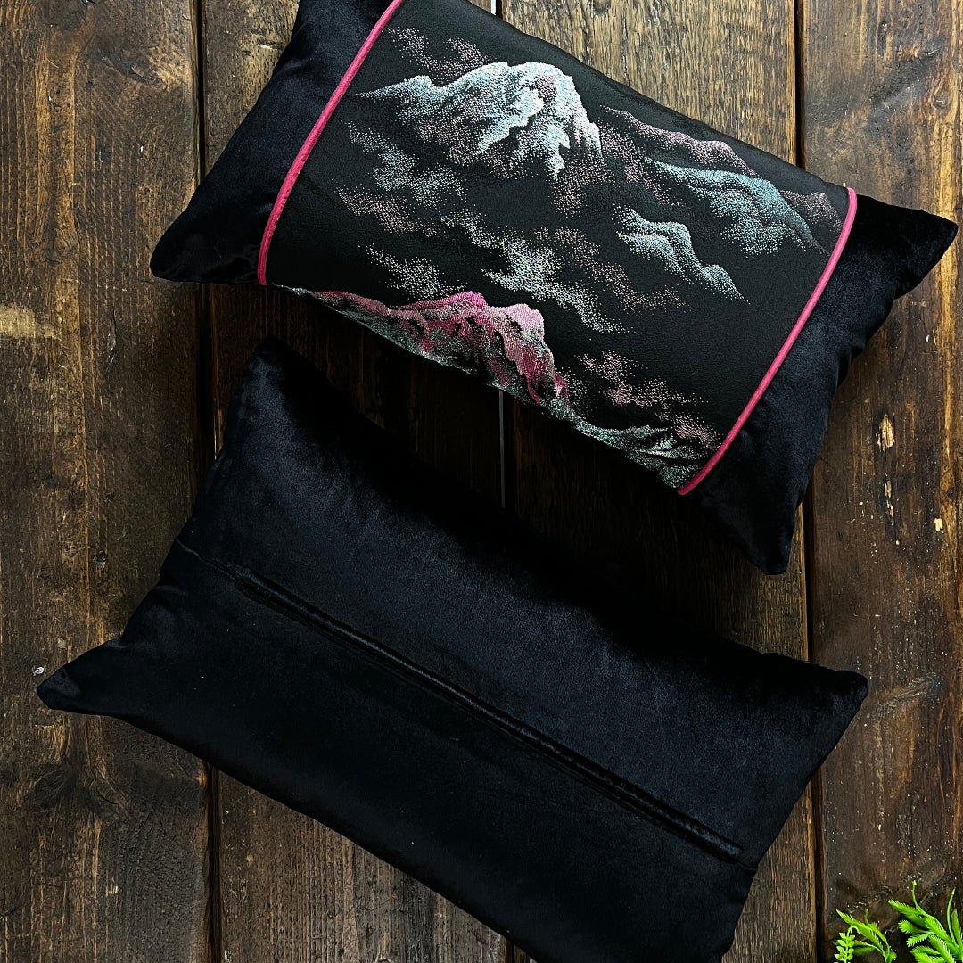 back and front view of pair of black silk kimono cushion. Back is luxurious black cotton velvet