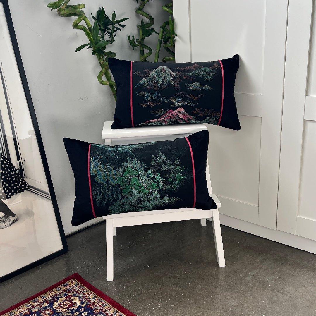 luxurious black silk kimono cushion pair. Sustainable hand-made in Hong Kong by British Designer maker Kerry Smith