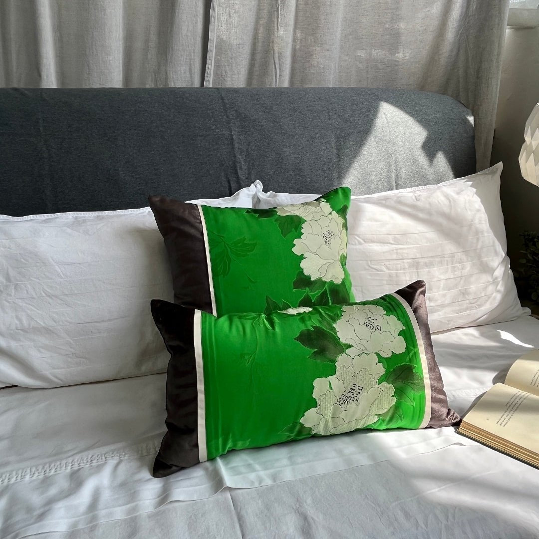 Peonies ~ Silk Kimono Bolster Cushion -