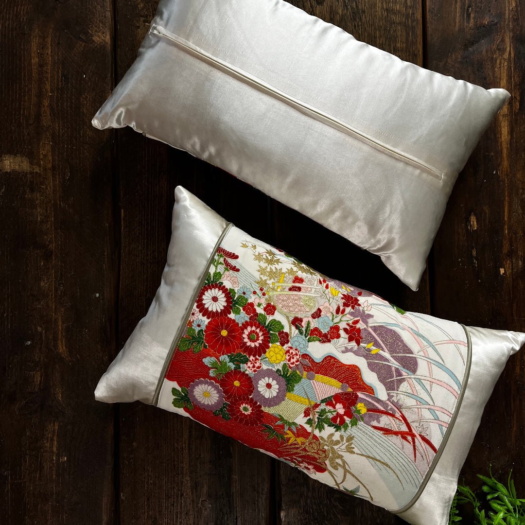 Luxurious silk handmade cushion. Reclaimed ivory silk hand painted kimono.