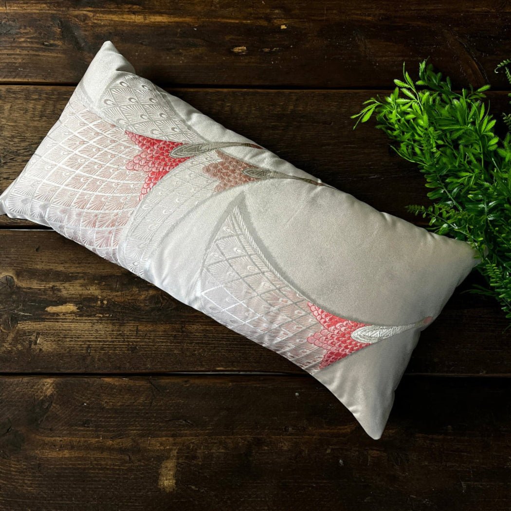 Peach and cream silk bolder cushion front.  Featuring art deco style cranes embroidery design