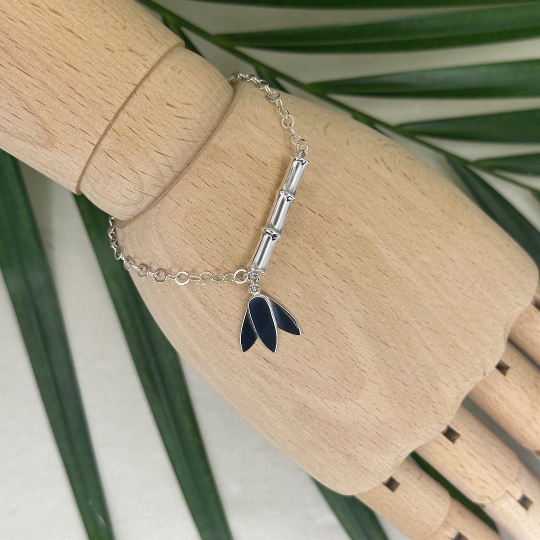 Bamboo ~ Sterling Silver Bracelet with Leaf Charm (Polished) - 