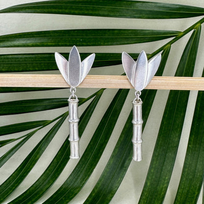 Bamboo ~ Sterling Silver Drop Earrings (Satin Finish) - 