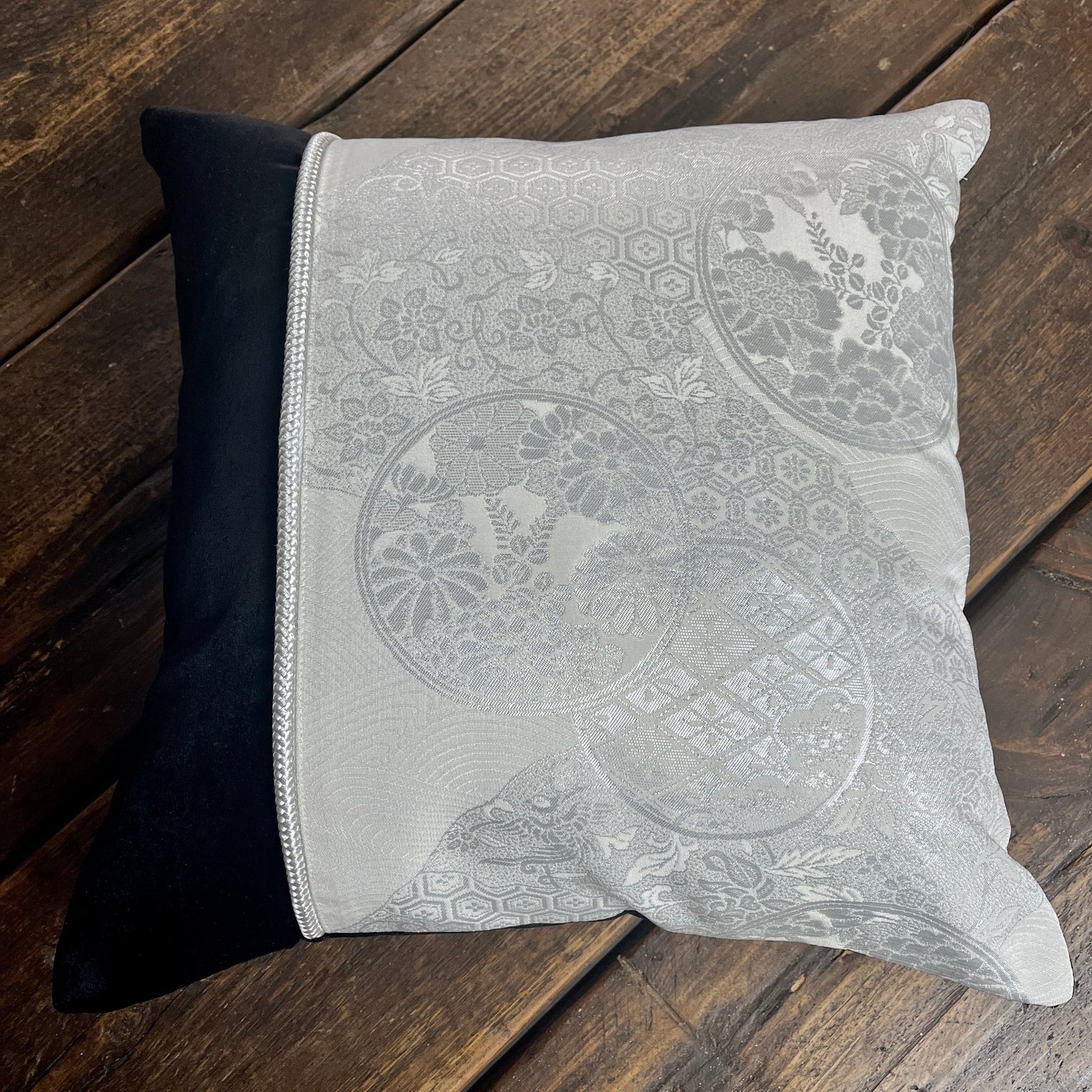 Flying Phoenix ~ Pair of Silk Obi Cushions (Black) - 