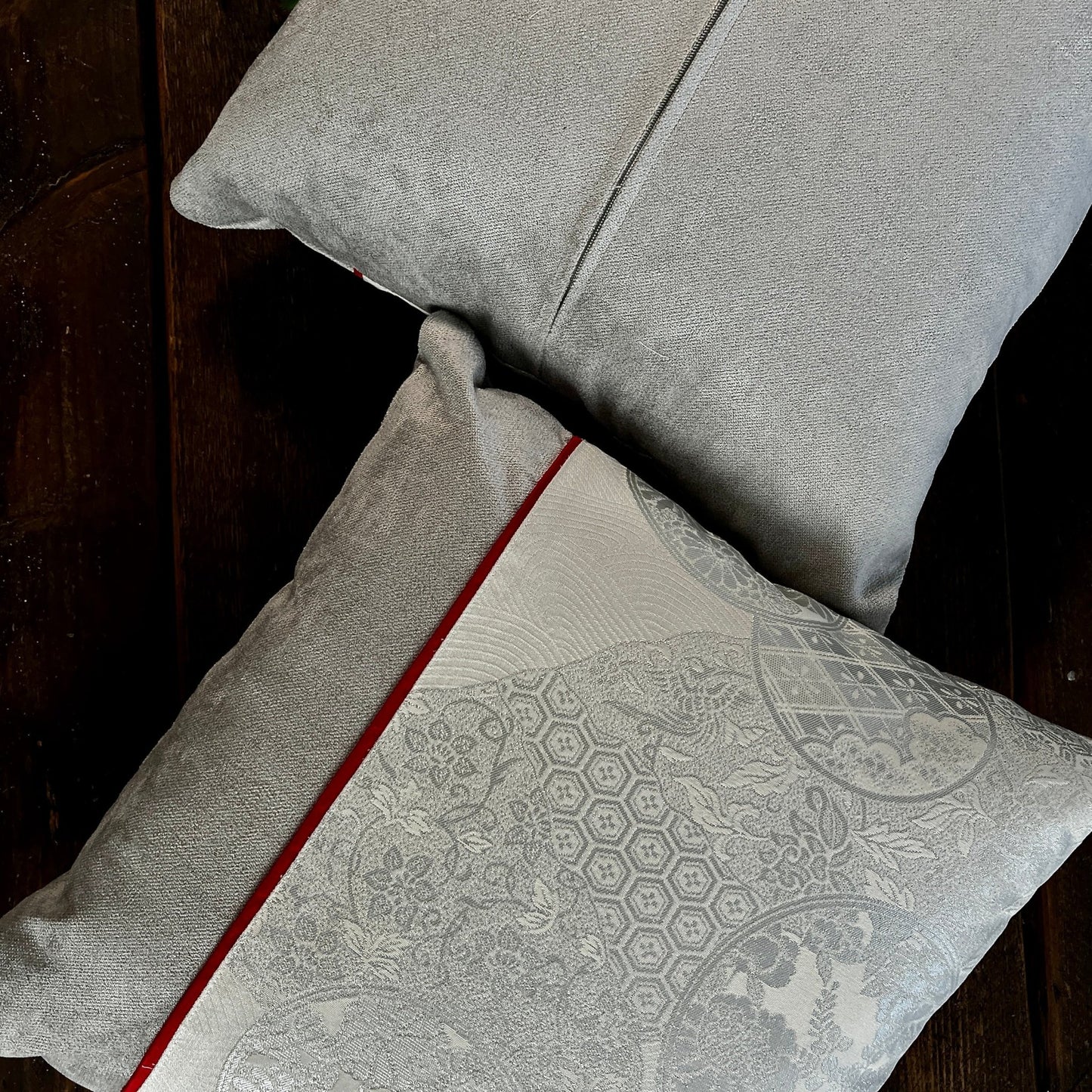 Flying Phoenix ~ Pair of Silk Obi Cushions (Silver) - 