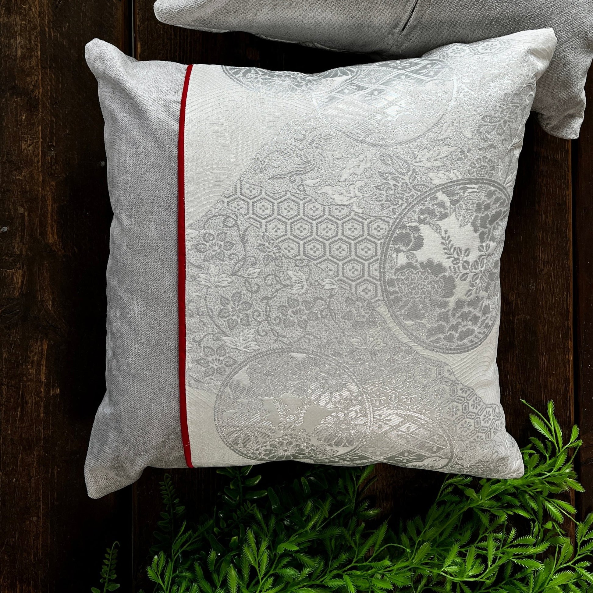 Flying Phoenix ~ Pair of Silk Obi Cushions (Silver) - 