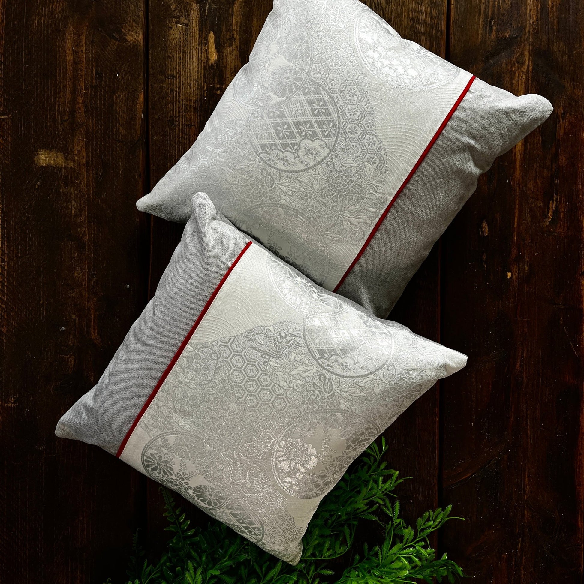 Flying Phoenix ~ Pair of Silk Obi Cushions (Silver) - 