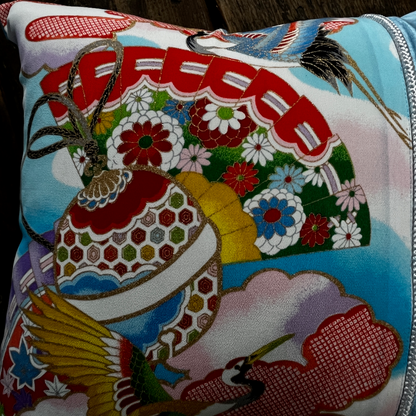 kimono cushion hand painted with cranes and fans.  Good fortune gift.  Unique one of a kind cushion.