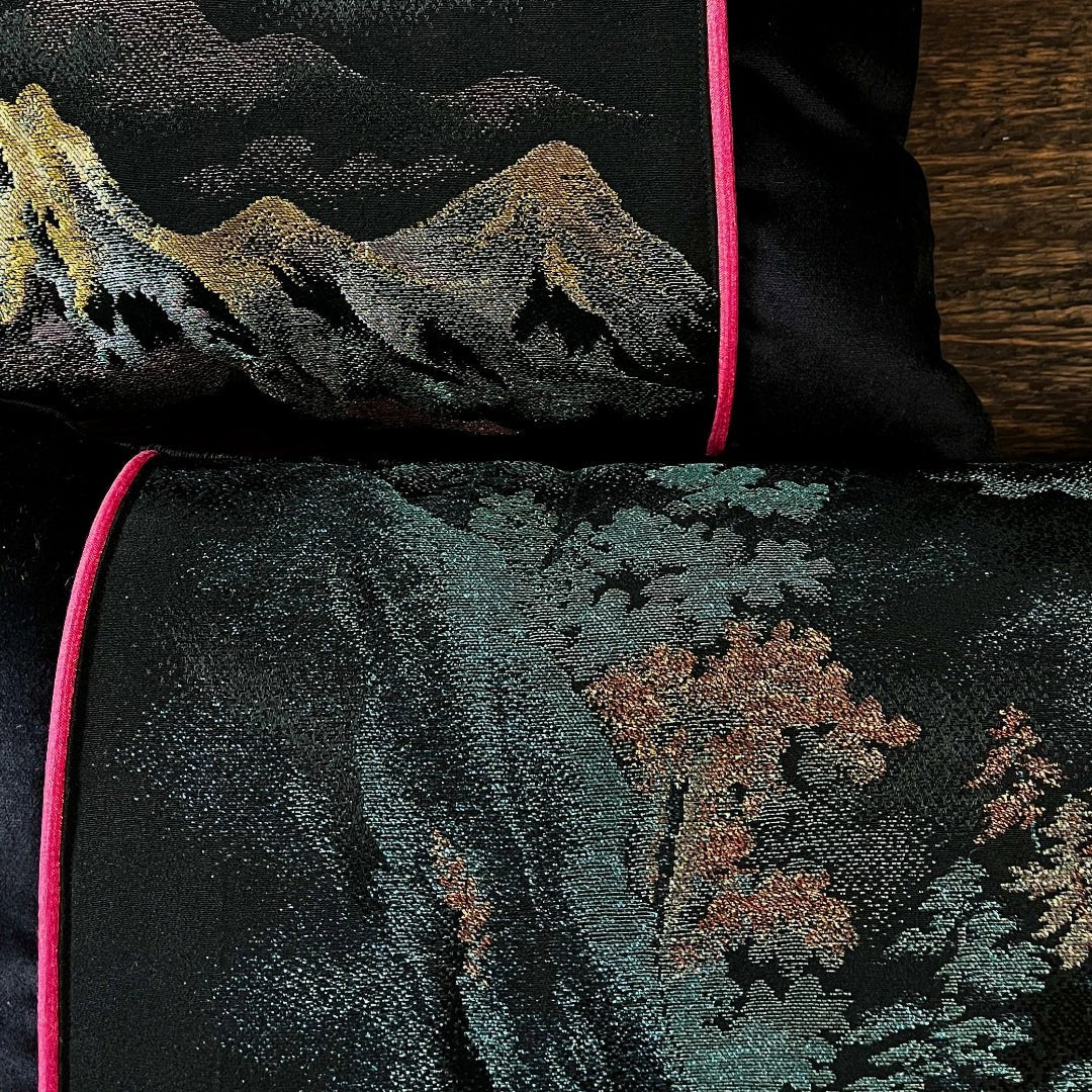 Mountains & Trees ~ Pair of Silk Kimono Cushions (Gold & Teal) - 