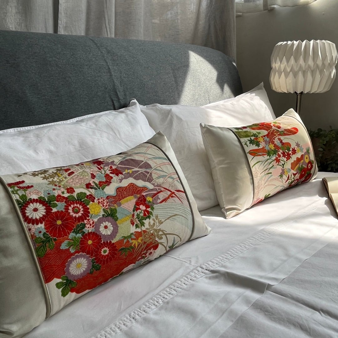 Ivory silk kimono cushions on bed.  Good luck gift. Luxury silk cushions. Sustainably handmade silk cushions