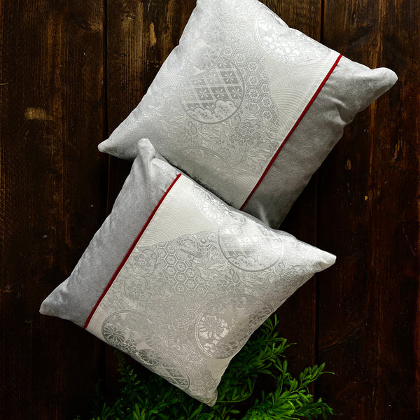 Pair of Handmade Cushions - White & Silver Silk Obi with Silver Colour Velvet