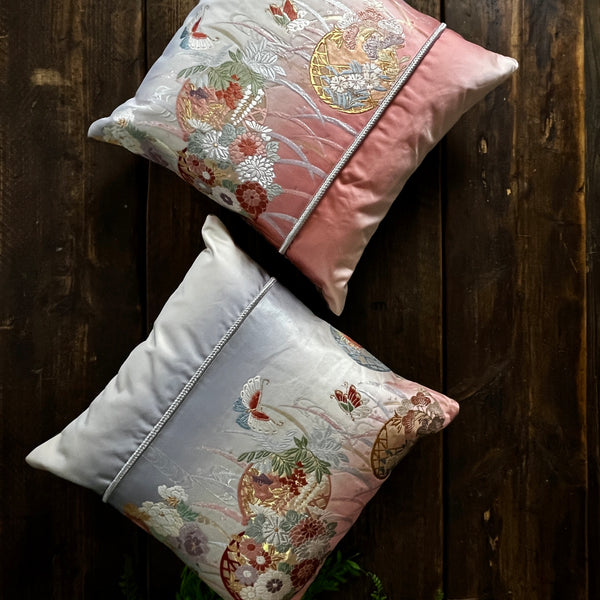 Pair of Handmade Cushions - Butterflies and Flowers Silk Obi with Mushroom Chenille