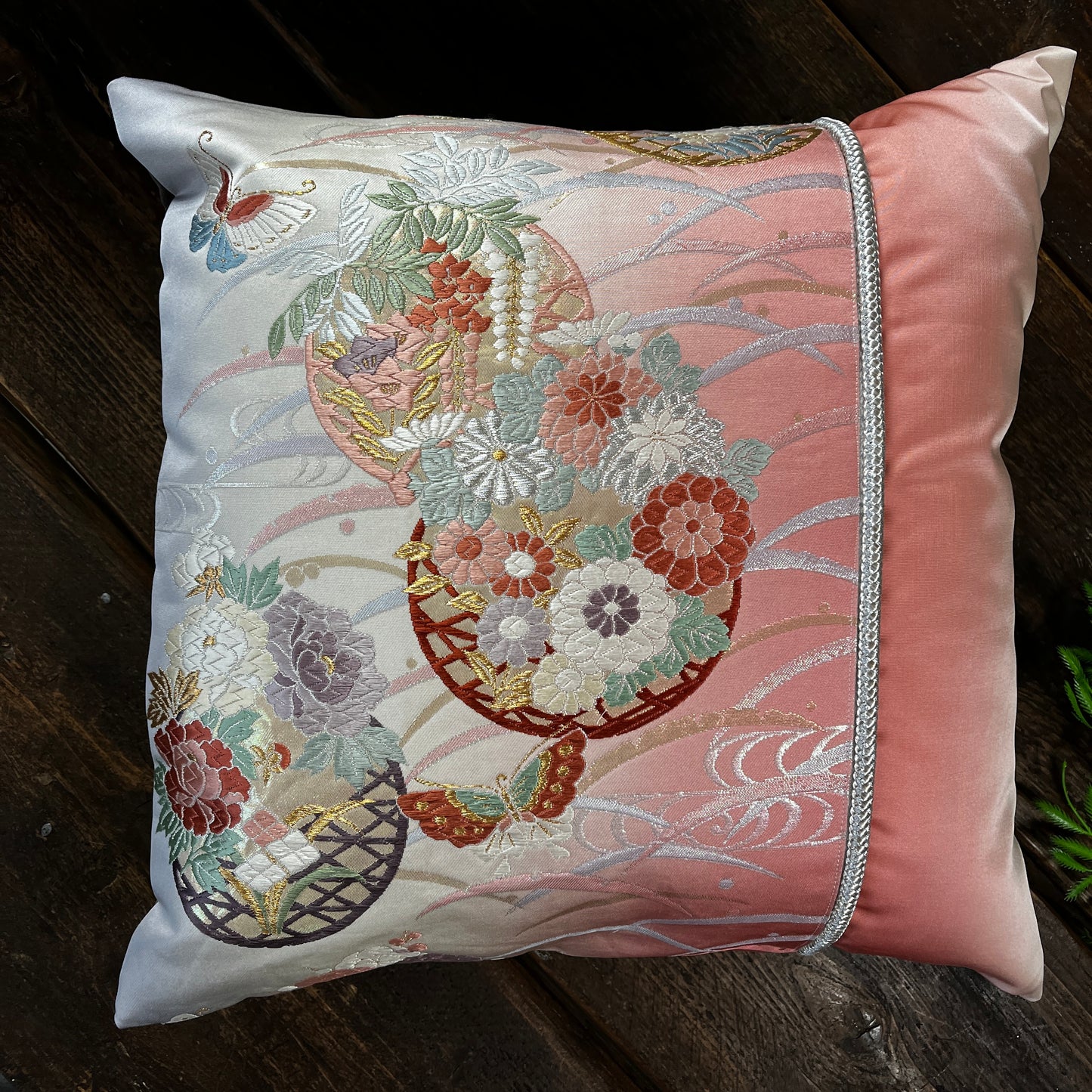 Butterflies & Flowers ~ Pair of Silk Obi Square Cushions (Slate)