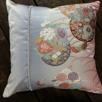 Butterflies & Flowers ~ Pair of Silk Obi Square Cushions (Slate)