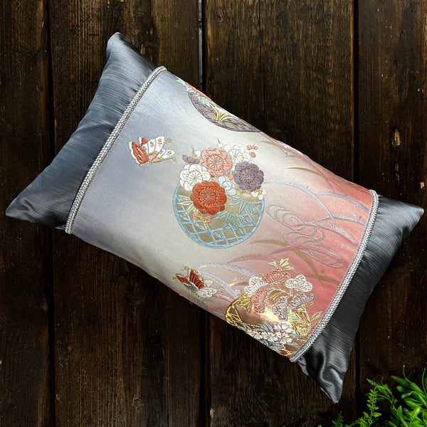 Single Handmade Bolster Cushion - Butterflies and Flowers Silk Obi