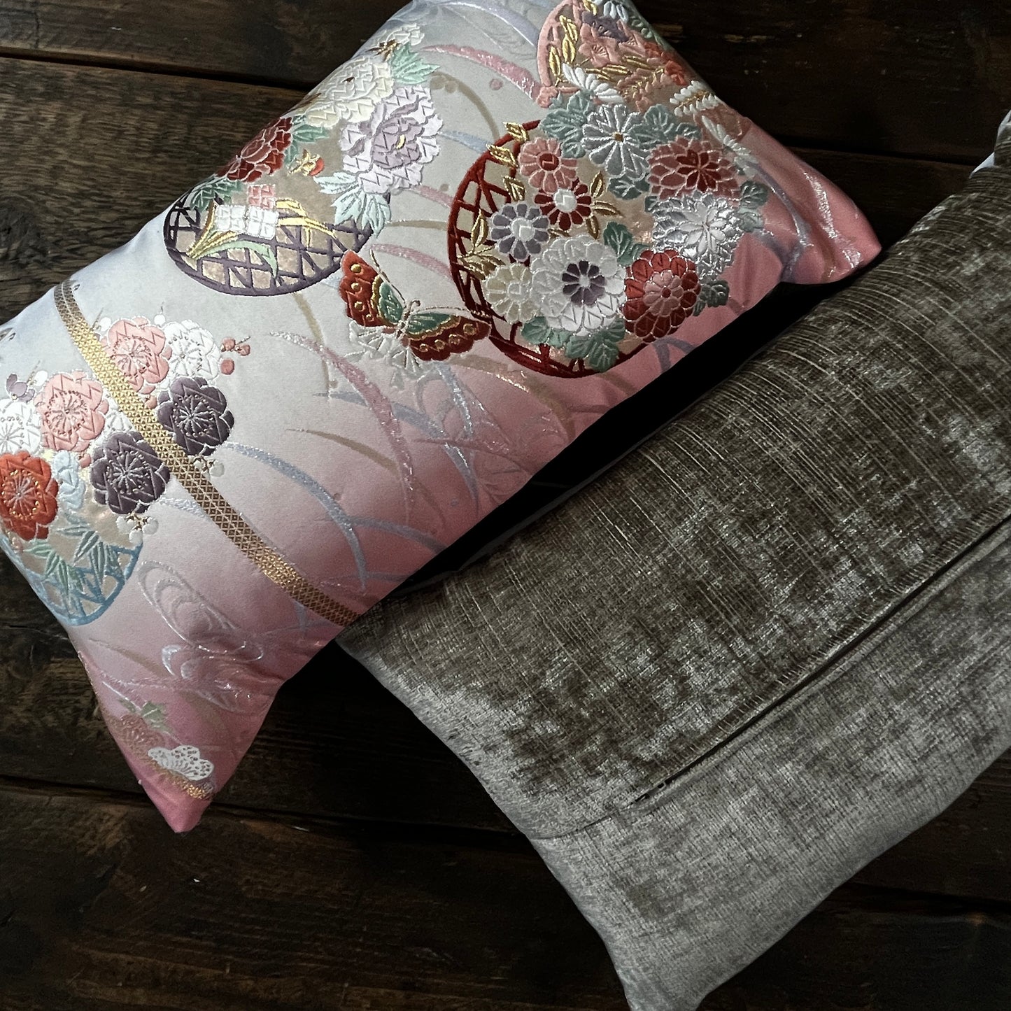 Butterflies & Flowers ~ Pair of Silk Obi Bolster Cushions