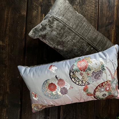 Butterflies & Flowers ~ Pair of Silk Obi Bolster Cushions