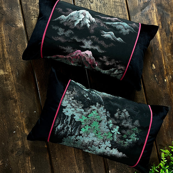Pair of Handmade Bolster Cushions - Mountains & Trees Silk Kimono