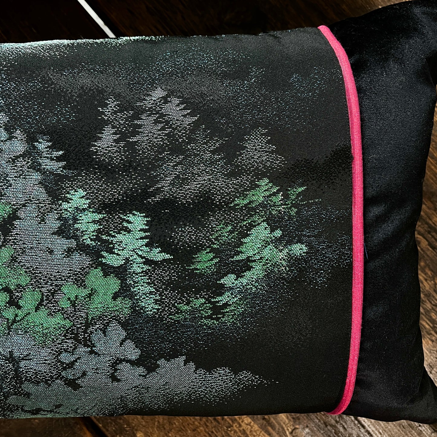 Mountains & Trees ~ Pair of Silk Kimono Cushions (Pink & Green)