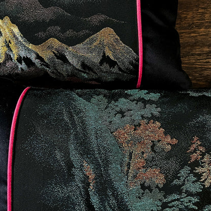 Mountains & Trees ~ Pair of Silk Kimono Cushions (Gold & Teal)